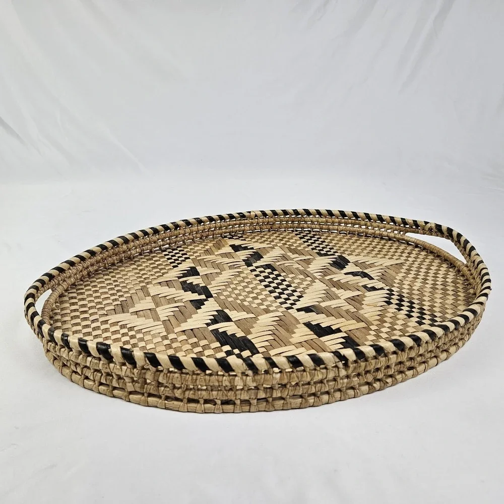 Vintage Baniwa Basket Serving Tray w/ Handles Geometric MCM Zimbabwe African